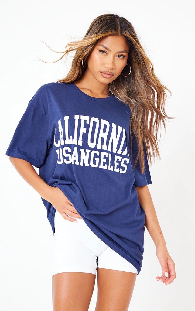 Navy California Los Angeles Print Oversized T Shirt, Blue