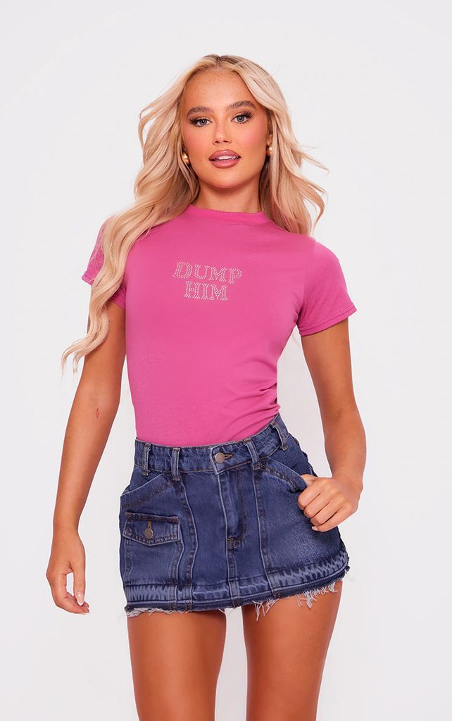 Pink Dump Him Diamante Long Fitted T Shirt, Pink