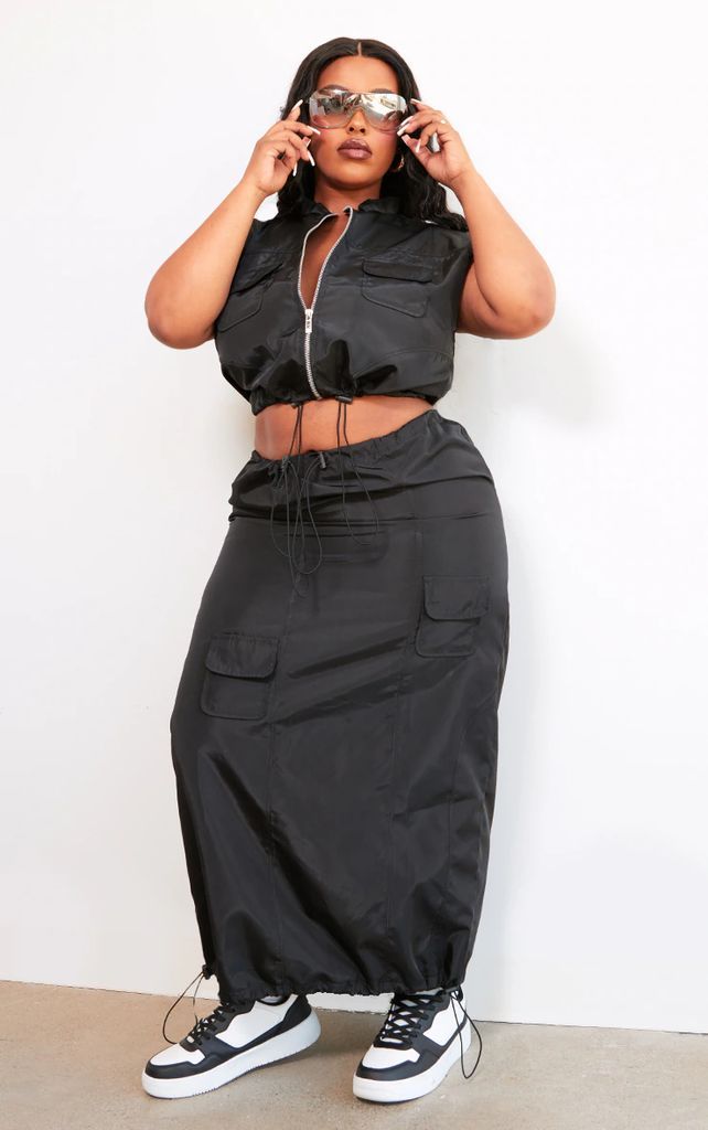 Plus Black Cargo Maxi Skirt, Black