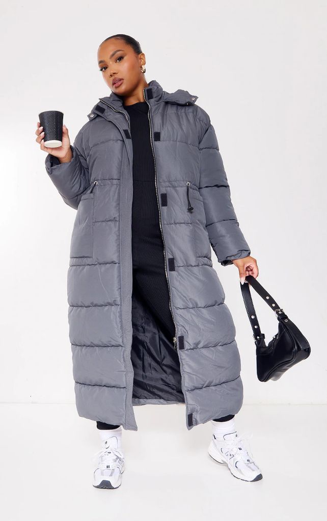 Plus Charcoal Grey Hooded Toggle Detail Maxi Puffer Coat, Charcoal Grey