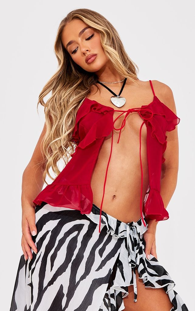 Red Chiffon Frill Tie Front Cami Top, Red