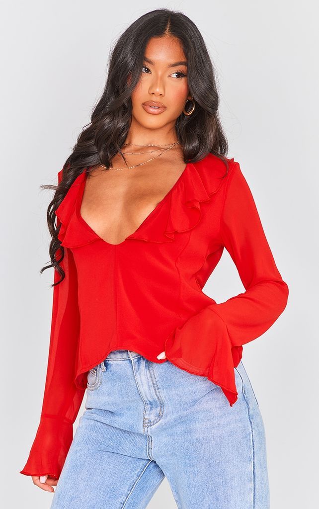 Red Frill Plunge Long Sleeve Frill Cuff Blouse, Red