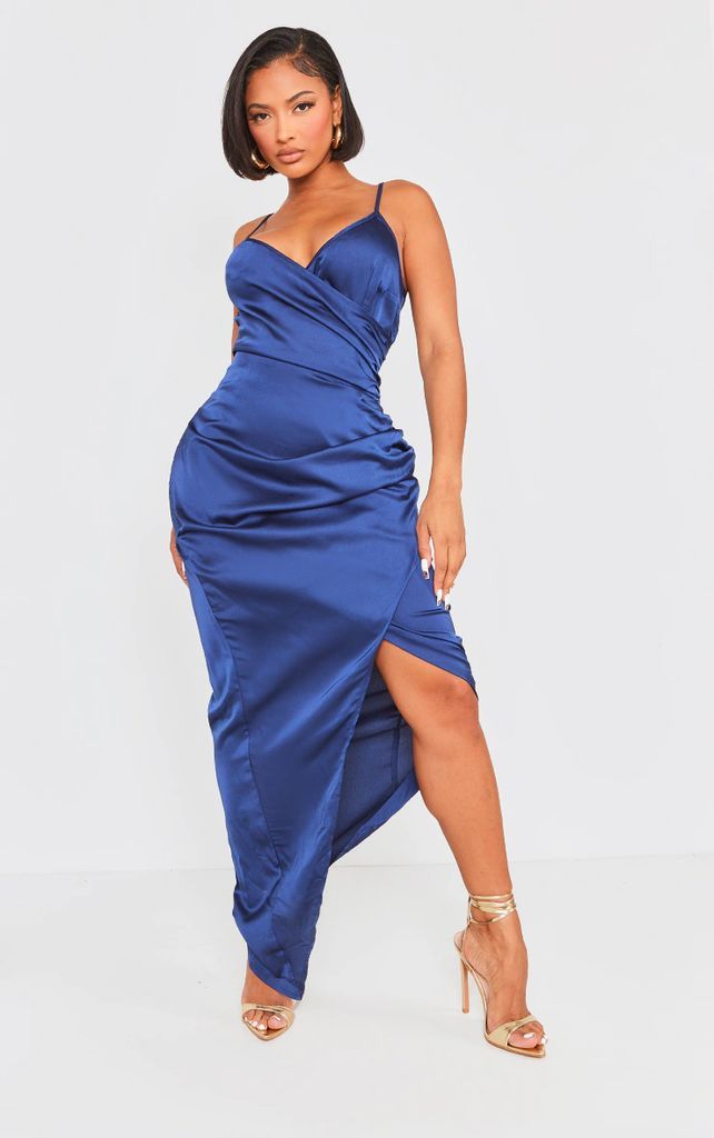 Shape Navy Satin Wrap Midaxi Dress, Blue