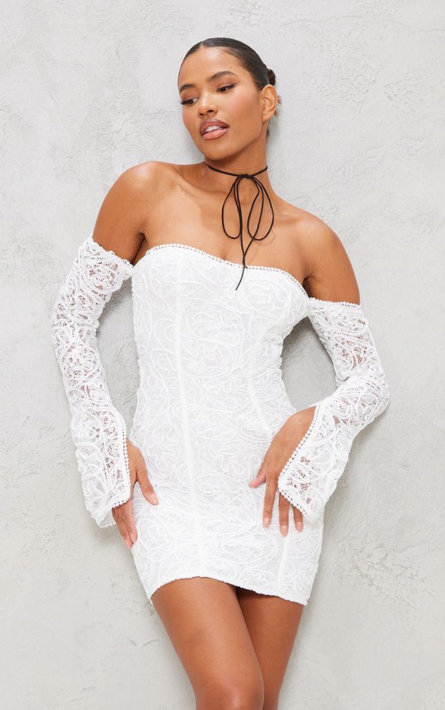 White Lace Bardot Long Sleeve Bodycon Dress, White