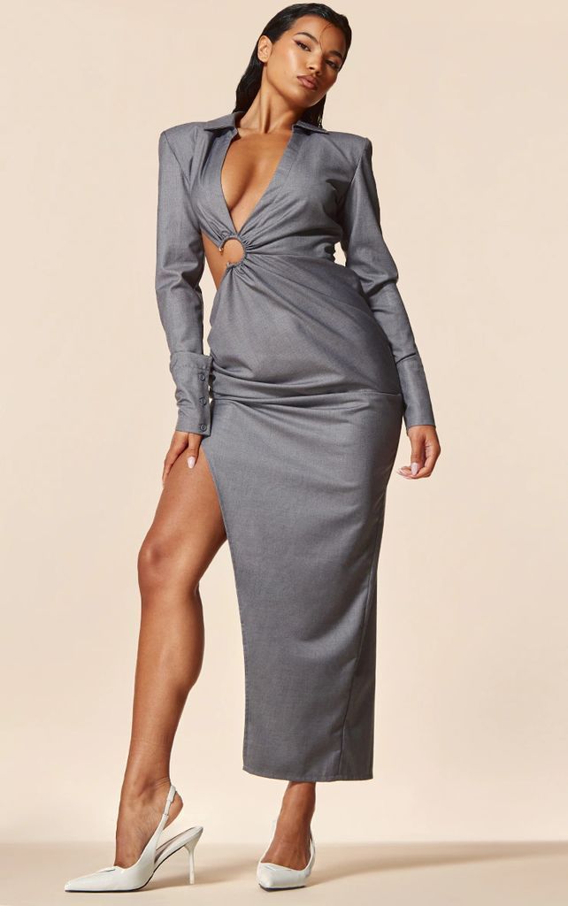 PLT Label Charcoal Shirt Ring Detail Midaxi Dress, Grey