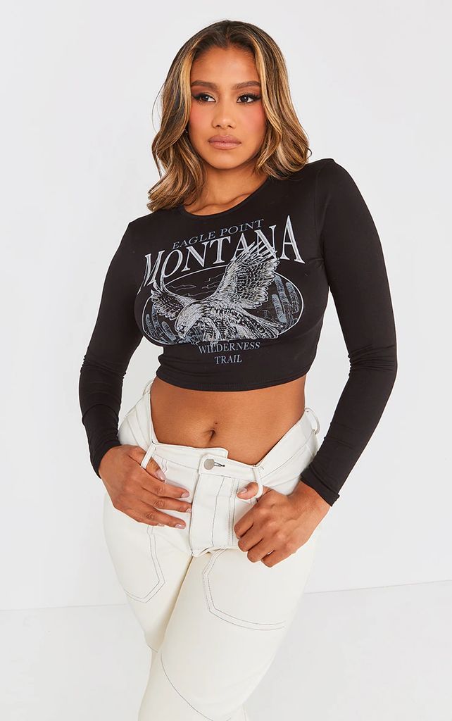 Black Montana Printed Long Sleeve Crop T Shirt, Black