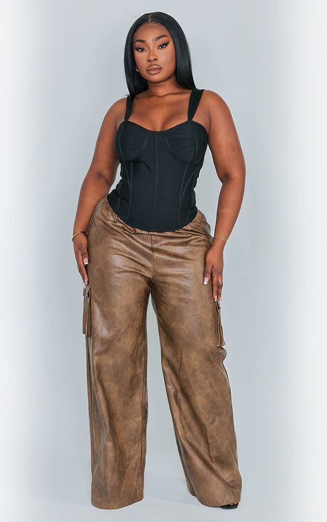 Plus Brown Washed Faux Leather Wide Leg High Waisted Cargo Trousers, Brown