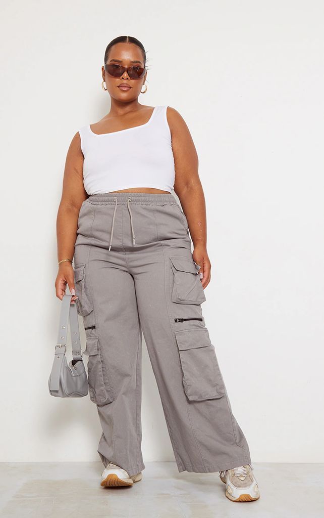 Plus Grey Washed Cargo Trousers, Grey