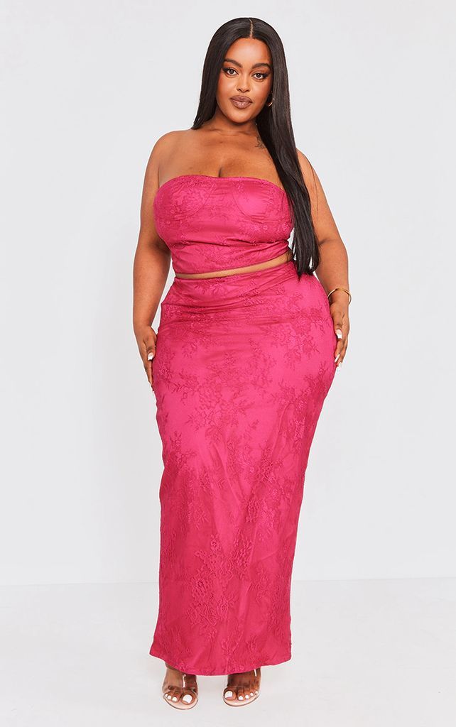 Plus Hot Pink Lace Maxi Skirt, Hot Pink