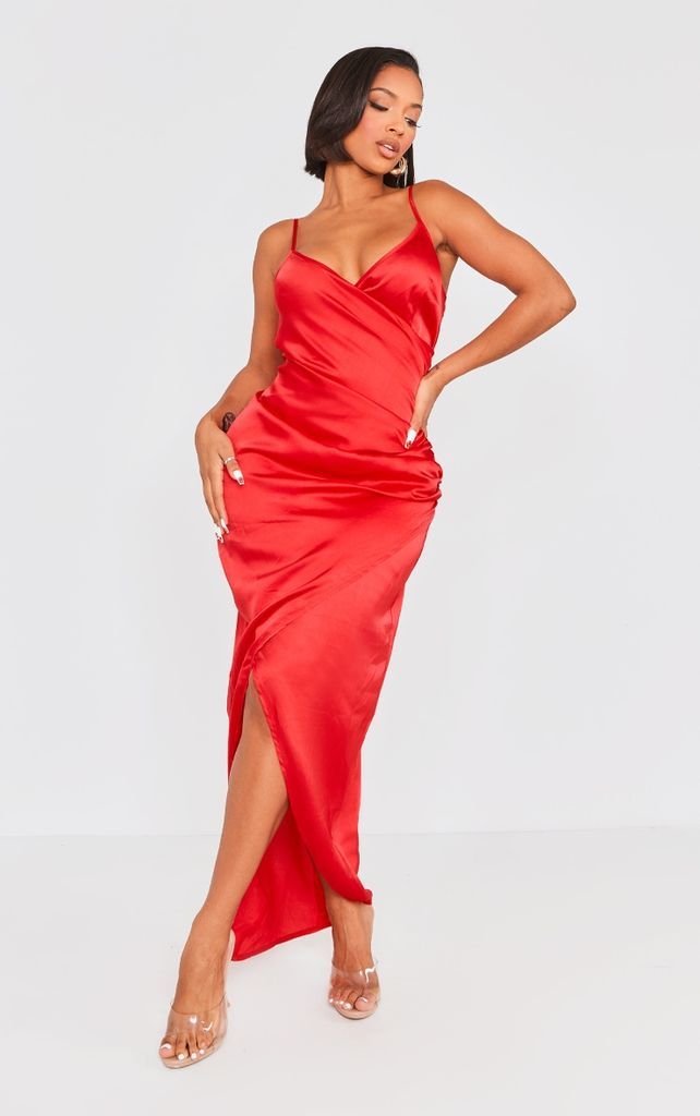 Shape Red Satin Wrap Midaxi Dress, Red