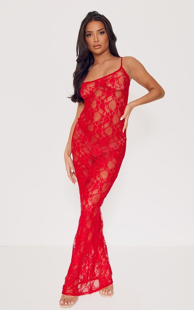Petite Red Strappy Lace Maxi Dress, Red