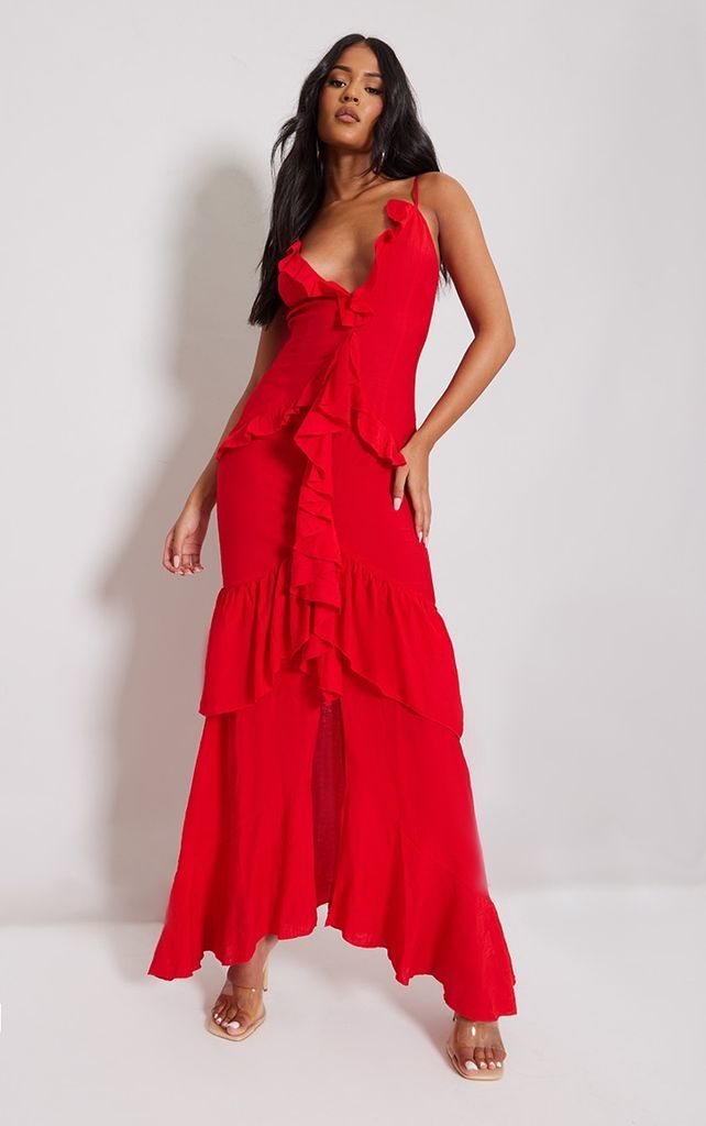 Tall Red Frill Textured Maxi Dress, Red