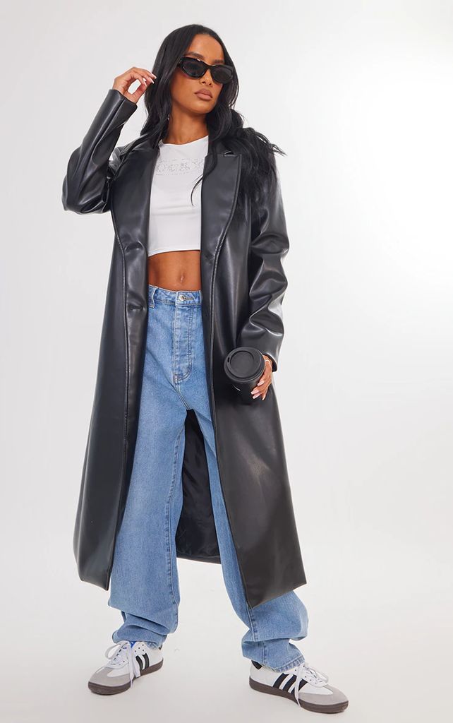 Black Shoulder Padded Faux Leather Longline Coat, Black