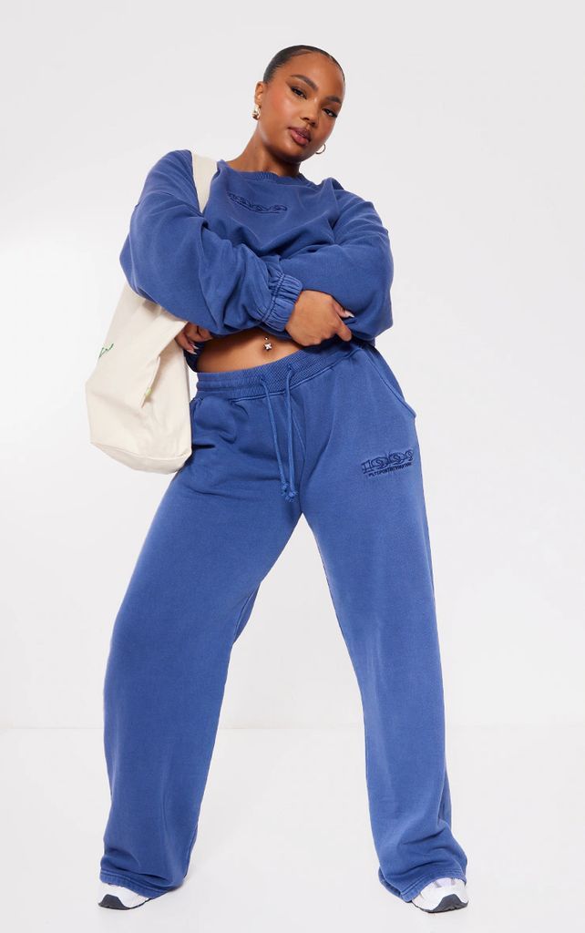 Plus Washed Blue Embroidered Joggers, Washed Blue