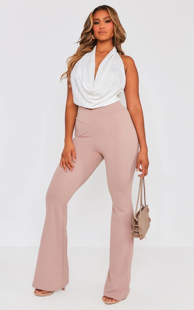 Taupe Crepe Dip Cross Over Hem Flare Trousers, Taupe.