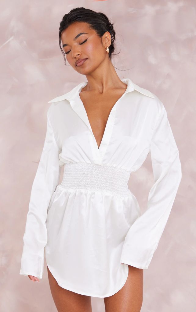 White Satin Shirred Waist Detail Shirt Dress, White