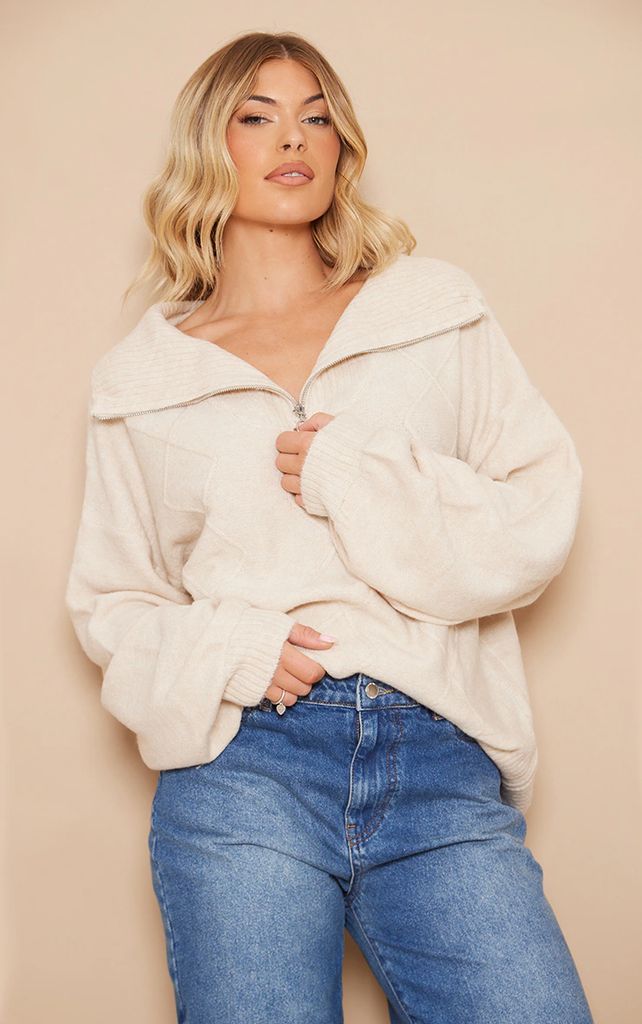 Oatmeal Luxe Knit Cable Knit Half Zip Oversized Jumper, Oatmeal
