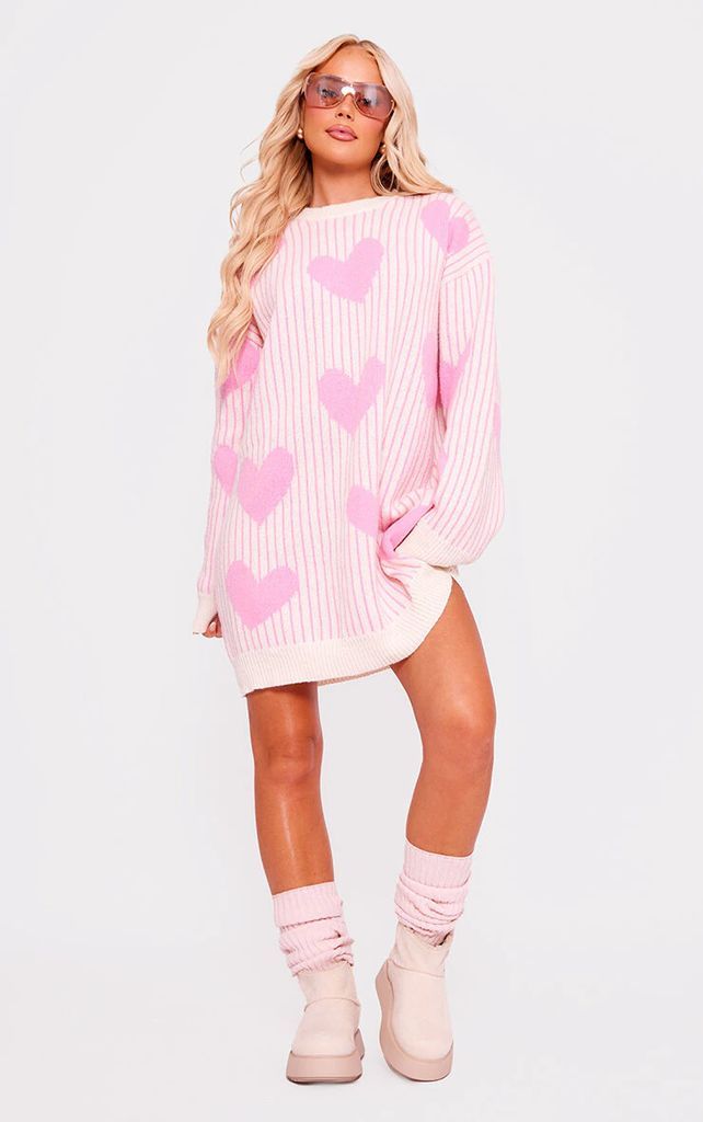 Baby Pink Hearts Knitted Jumper Dress, Pink