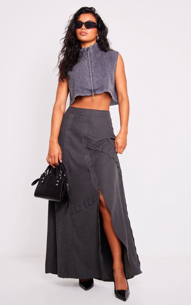 Charcoal Overlock Seam Detail Flippy Maxi Skirt, Grey