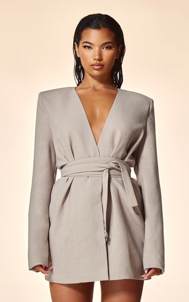 PLT Label Light Grey Strap Detail Cross Over Oversized Blazer Dress, Grey