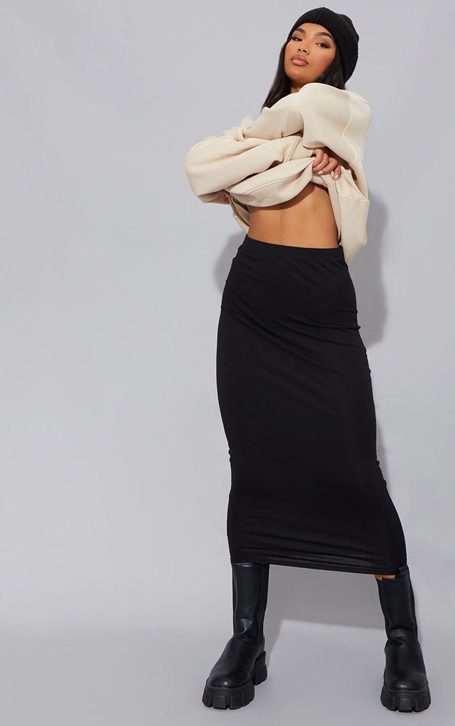 Black Basic Cotton Blend Jersey Midaxi Skirt