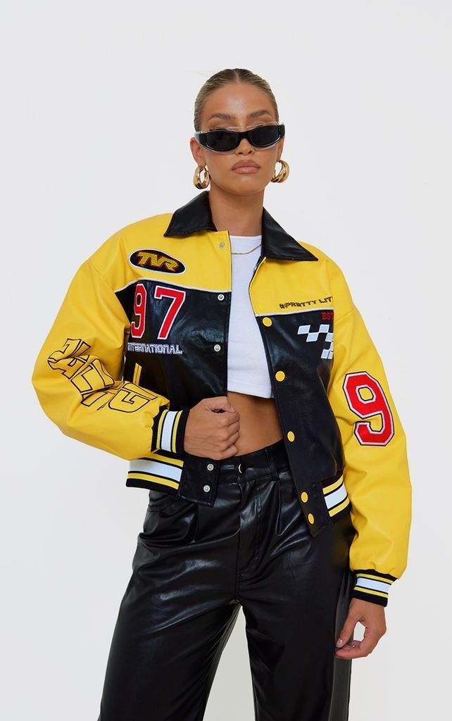 Yellow Faux Leather Motocross Racer Bomber Jacket