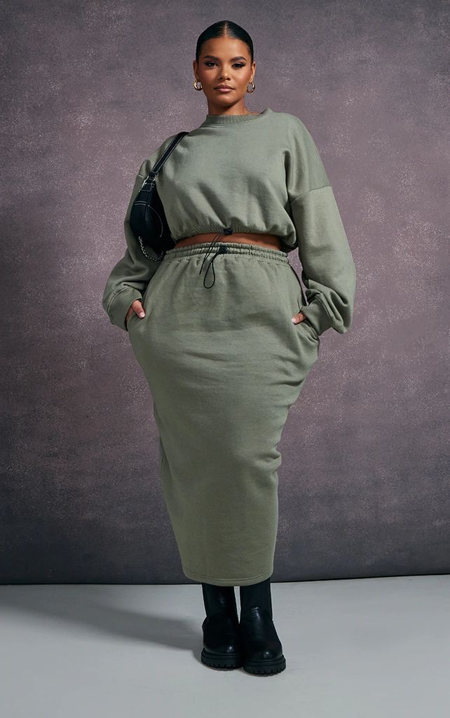 Plus Khaki Toggle Detail Sweat Midi Skirt