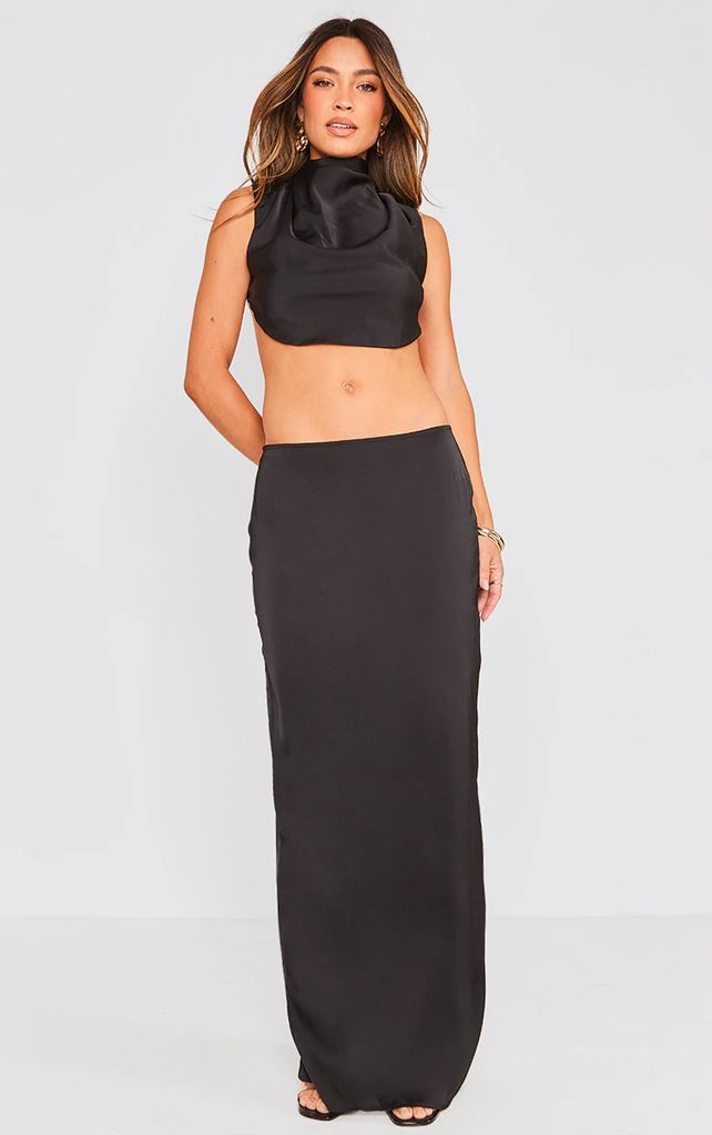 Black Satin Mid Rise Maxi Skirt, Black