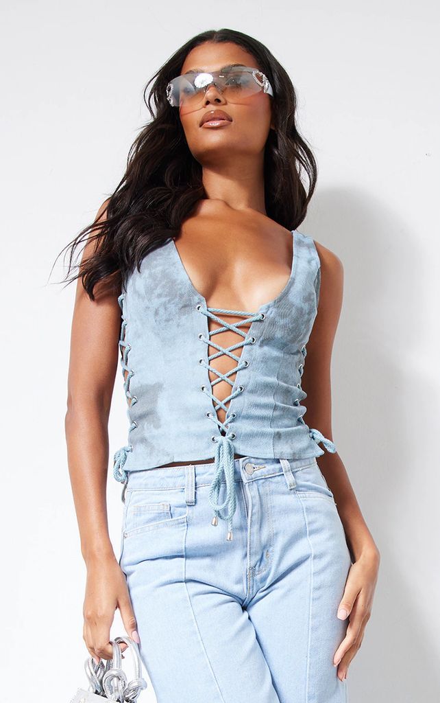 Blue Steel Washed Twill Lace Up Detail Plunge Sleeveless Top, Blue Steel