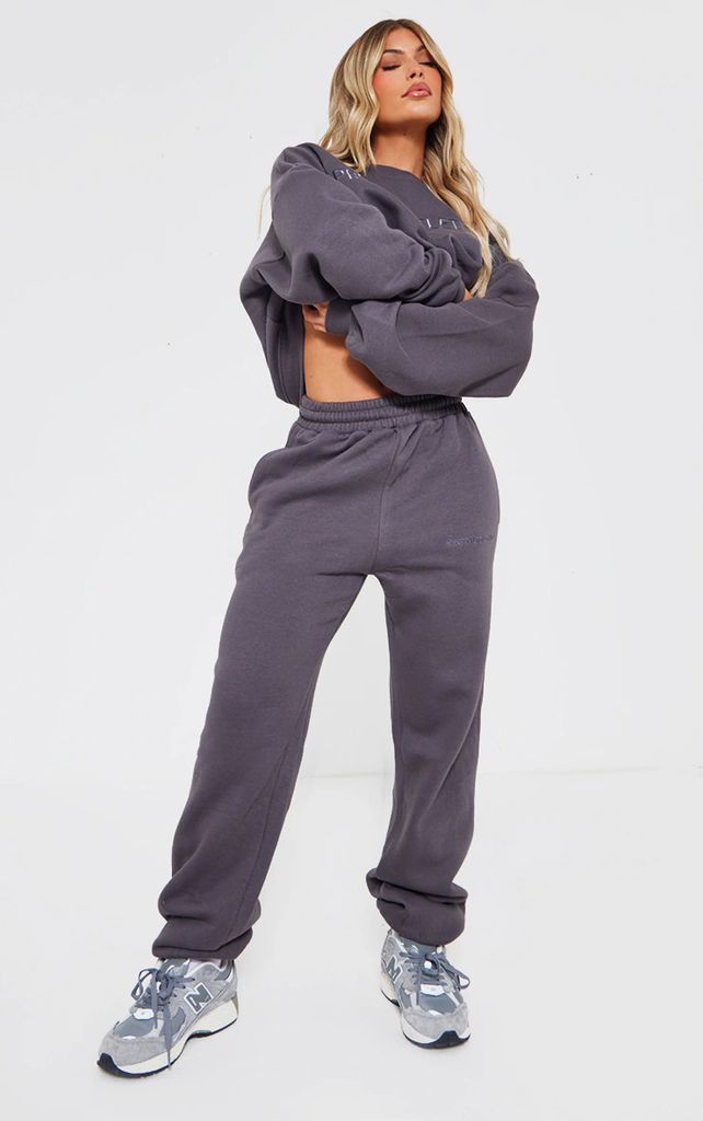 Charcoal Embroidered Oversized Cuffed Joggers, Grey