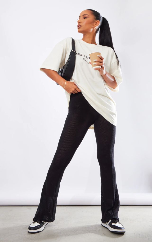 Black Soft Ribbed Flared Trousers