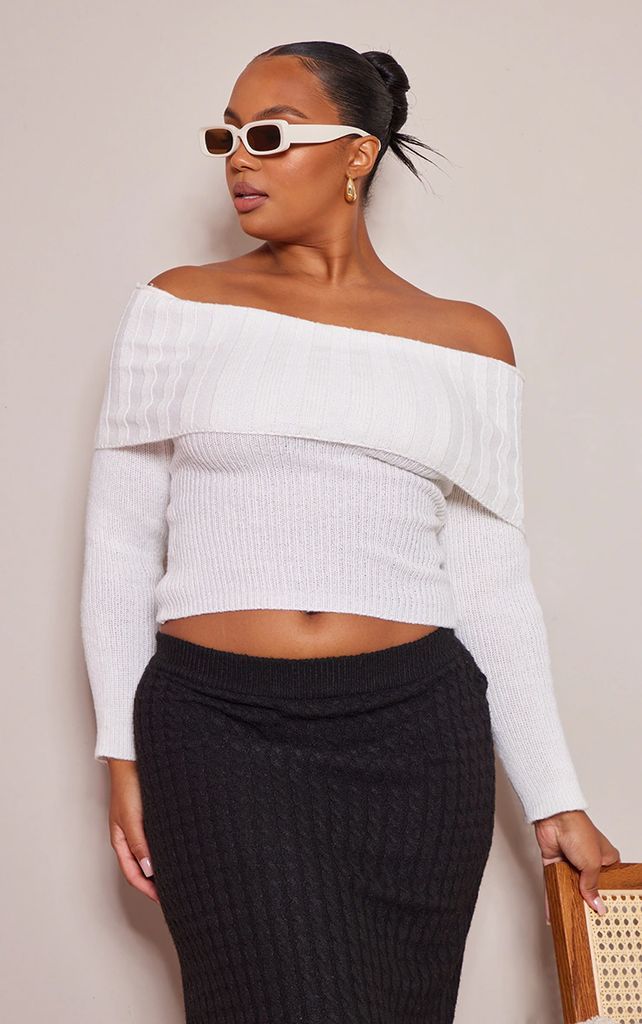 Plus Cream Foldover Knitted Long Sleeve Top, White