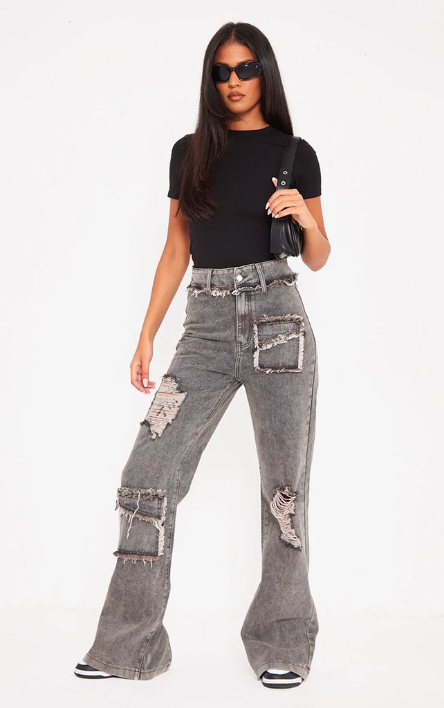 Tall Washed Grey Distressed Detail Wide Leg Jeans, Washed Grey