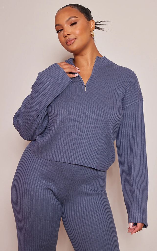 Plus Charcoal Blue Ribbed Knitted Long Sleeve Top, Charcoal Blue
