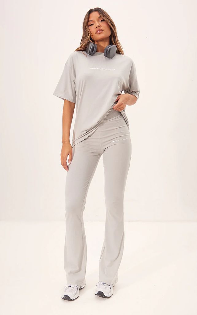 Pale Grey Print Flared Trousers, Pale Grey