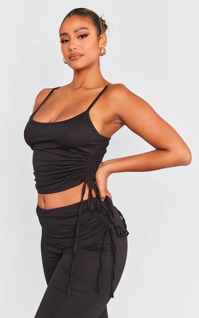 Black Jersey Side Ruched Strappy Cami Top, Black