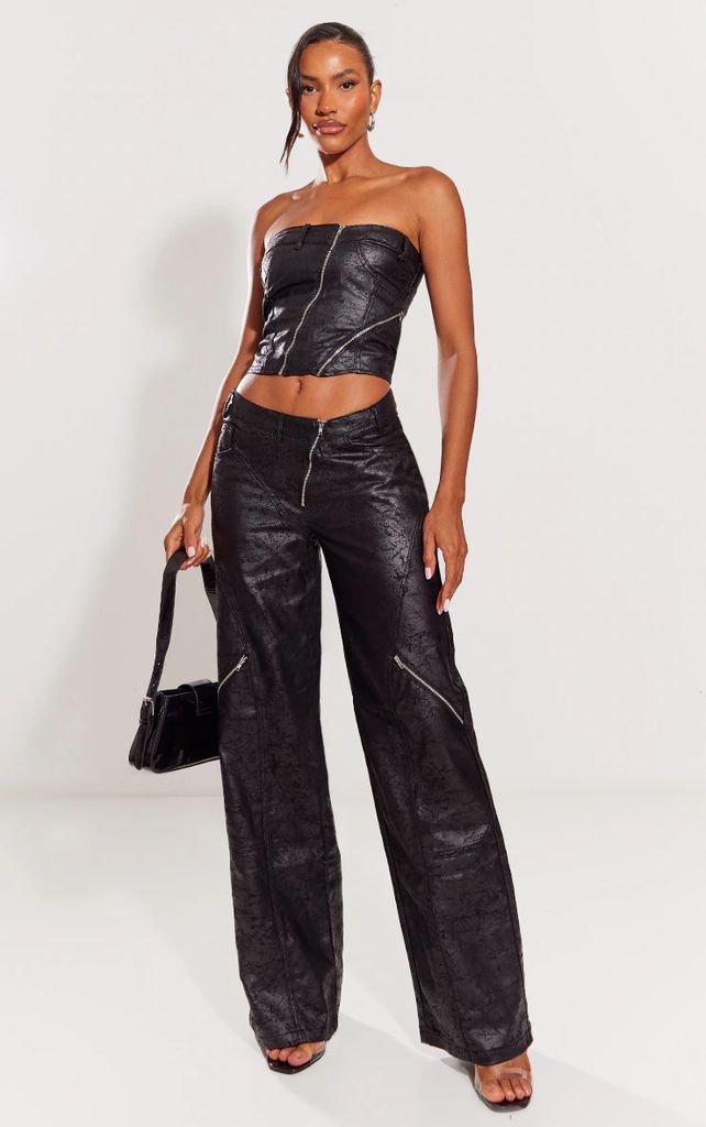 Black Waxed Denim Zip Detail Asymmetric Waistband Wide Leg Jeans, Black