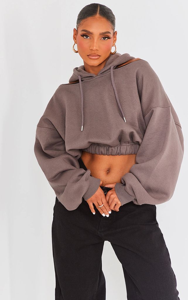 Charcoal Cut Out Cropped Hoodie, Grey
