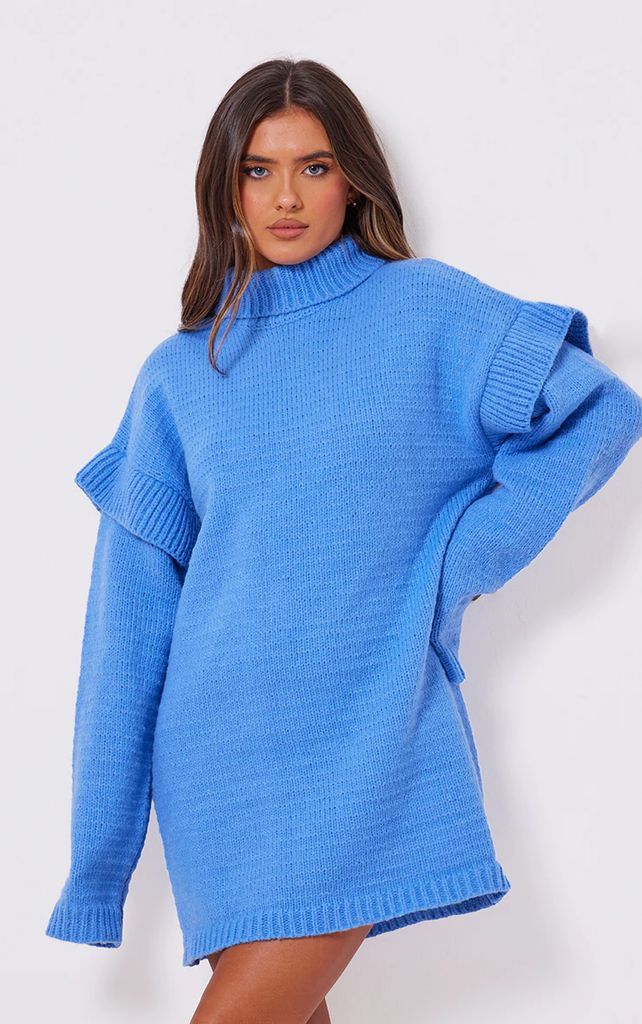 Powder Blue Sleeve Frill Roll Neck Knitted Jumper Dress, Blue