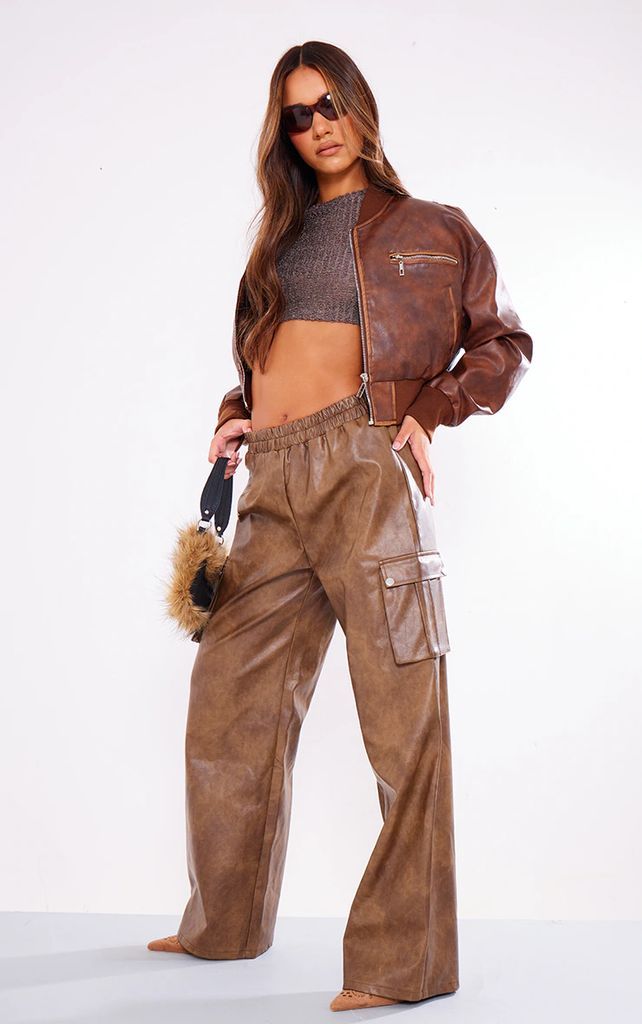 Premium Premium Brown Washed Faux Leather Wide Leg High Waisted Cargo Trouser, Brown