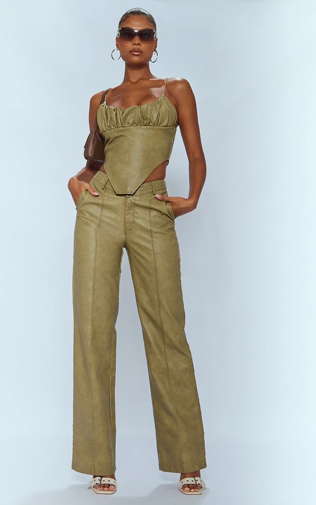 Premium Olive Washed Faux Leather Dip Waist Flared Trousers, Olive.