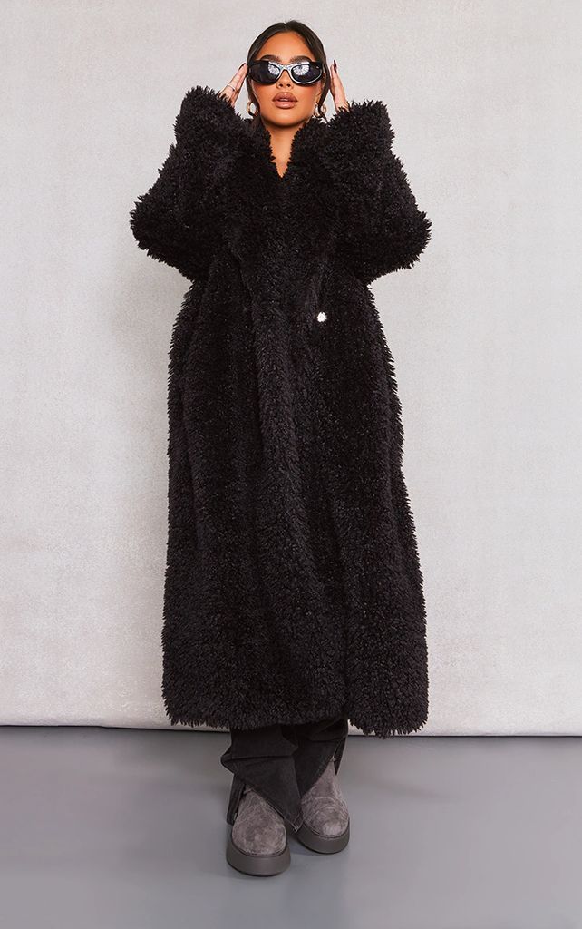 Petite Black Shaggy Faux Fur Longline Coat, Black