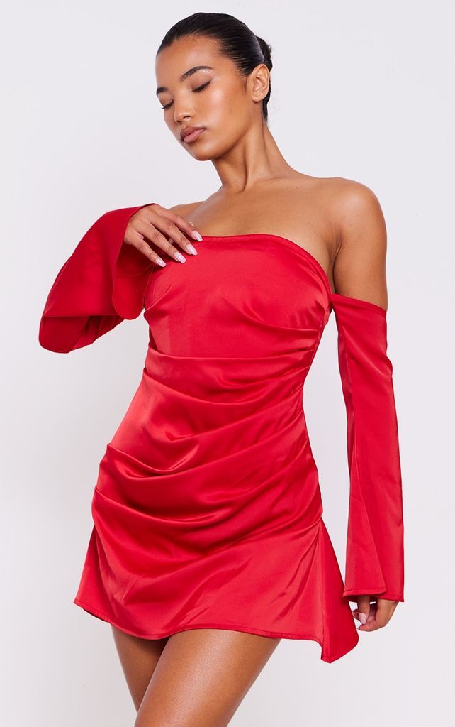 Red Satin Corset Bardot Ruched Long Sleeve Shift Dress, Red