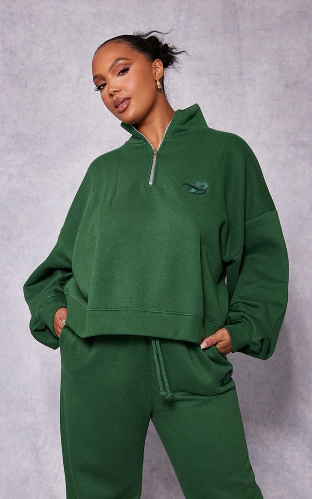 Plus Forest Green Logo Embroidered Half Zip Sweatshirt, Forest Green