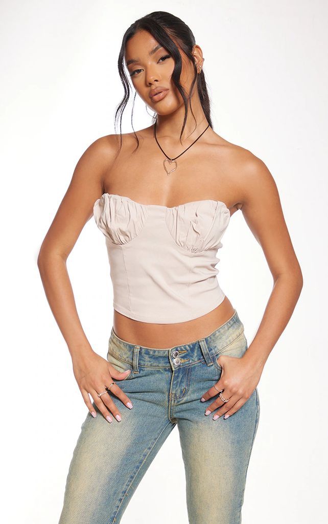 Stone Bengaline Stretch Woven Ruched Bust Crop Top, White