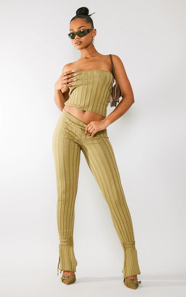 Khaki Wide Rib Knit Bandou Top & Lace Up Trousers Set, Green