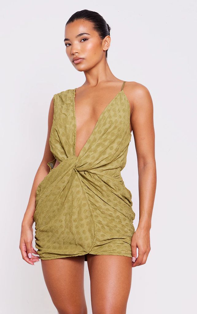 Olive Textured Plunge Knot Detail Bodycon Dress, Olive.
