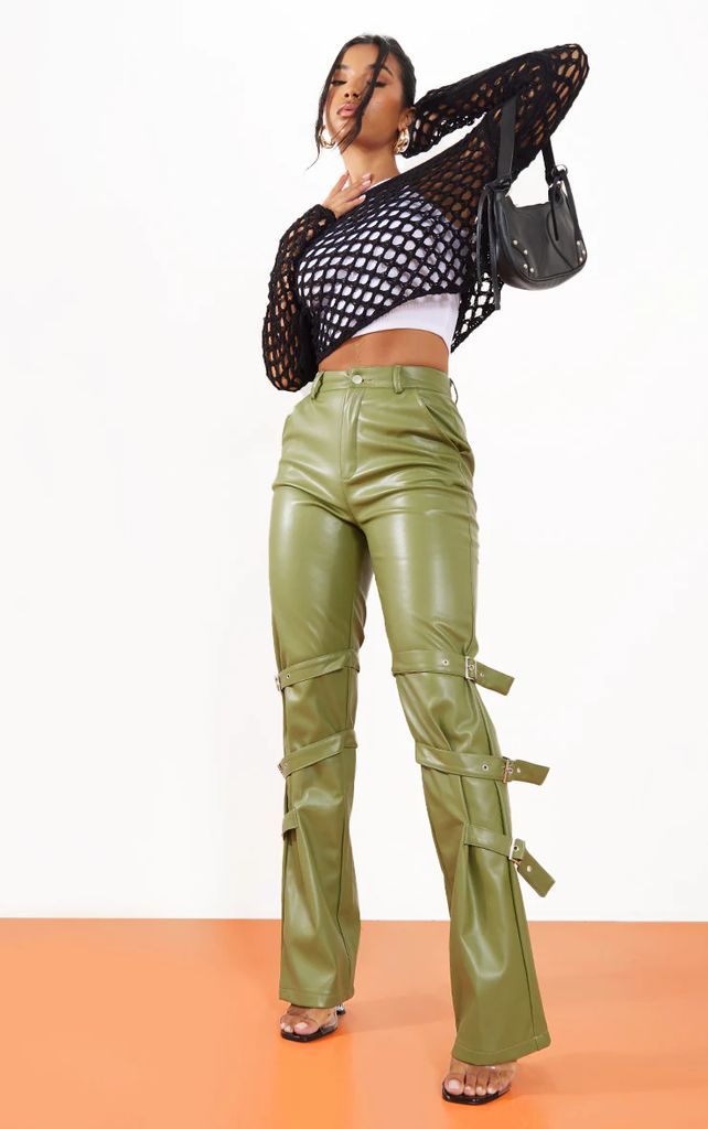 Khaki Faux Leather Buckle Detail Skinny Trousers, Green