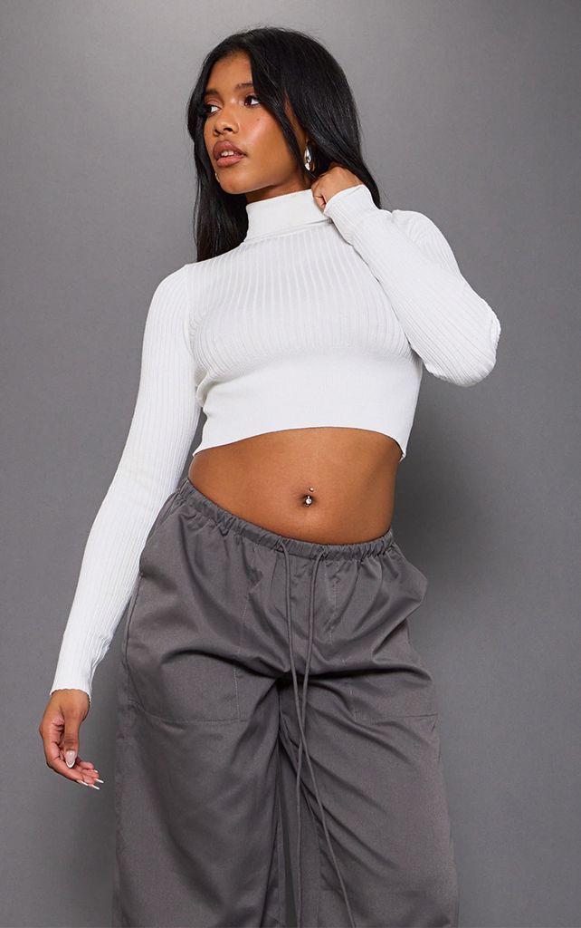 Cream Ribbed Knitted Roll Neck Cropped Jumper, White