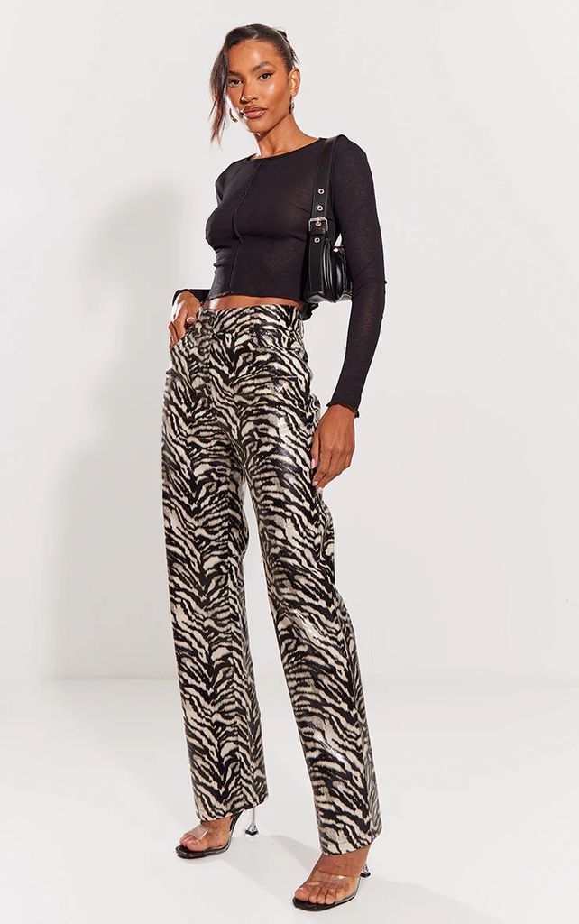 Nude Faux Leather Zebra Printed Straight Leg Trousers, Pink